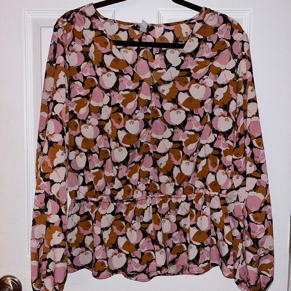 Nine West Tops - Nine West Pink and Brown Floral Peplum Style Blouse Large